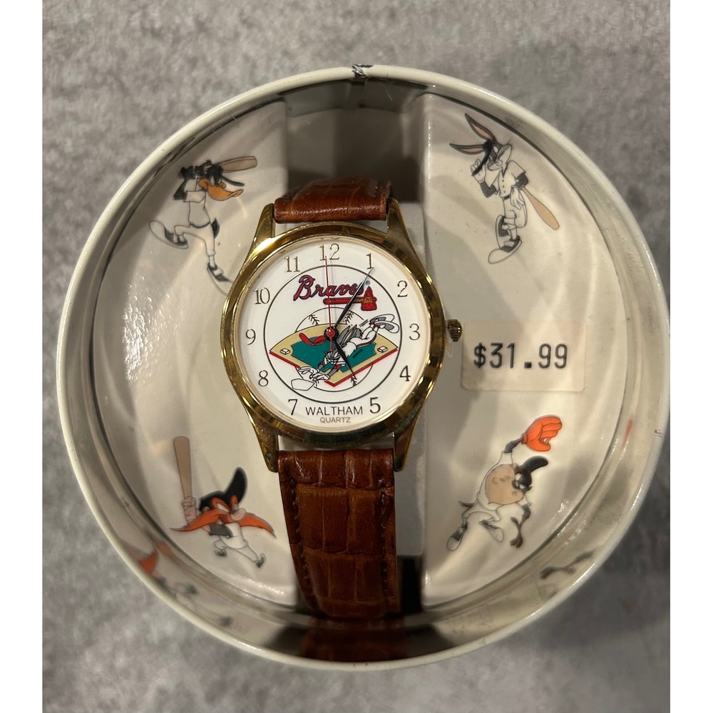 NOS Vintage Waltham Atlanta Braves Looney Tunes Watch Bugs Bunny Collector Tin